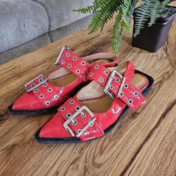 Ganni Chunky Buckle Ballerina Racing Red Slingback Flats / Sandals - Picture 8 of 13